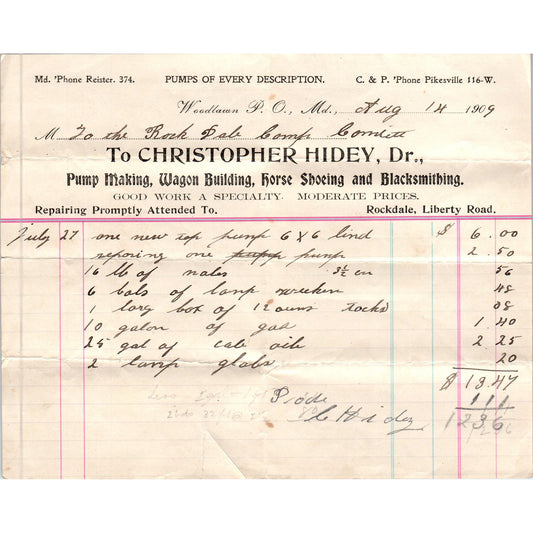 1909 Christopher Hidey Dr. Blacksmith Wagons Billhead Woodlawn MD AE5-H5