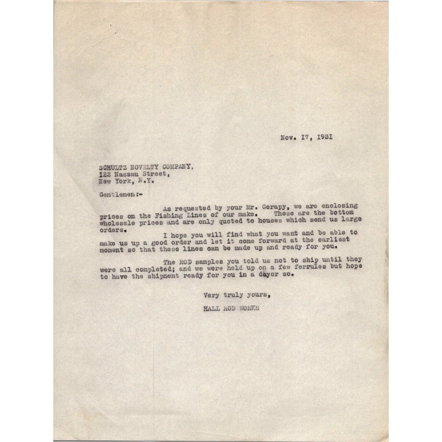 1931 Schultz Novelty & Sporting Goods Co Correspondence w/ Hall Rod Works C30