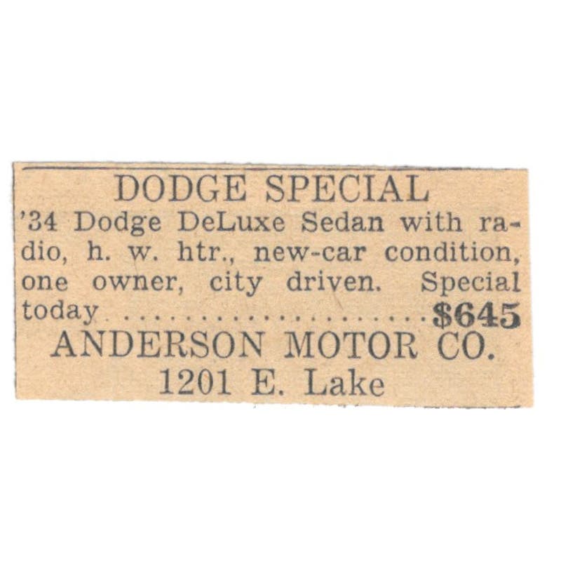 Dodge Special Anderson Motor Co East Lake Street 1935 Minneapolis Ad AE7-H3