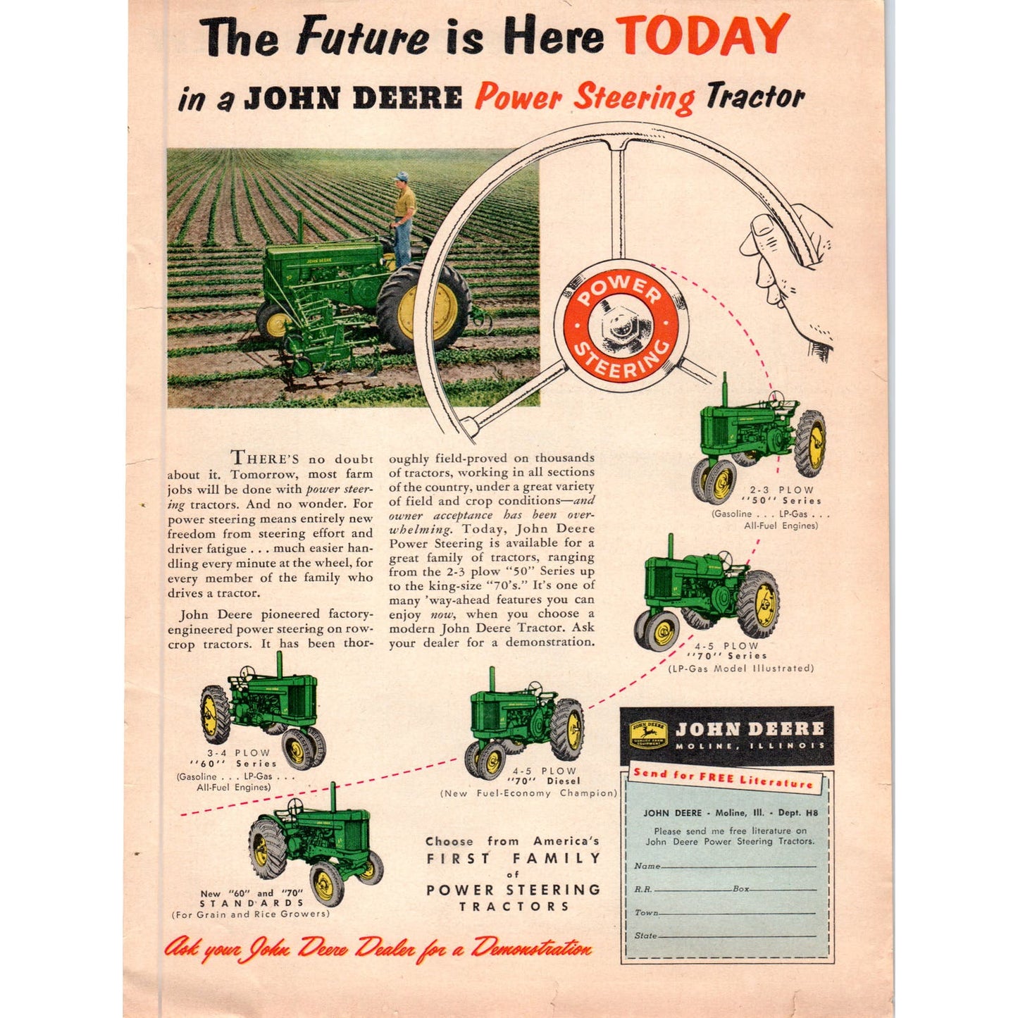 John Deere Power Steering Tractor Vintage Magazine Ad D10