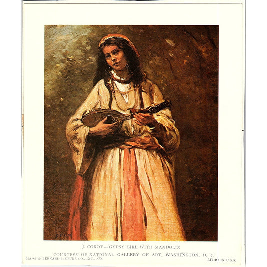 J. Corot - Gypsy Girl With Mandolin Vintage Art Print 4x5 V12
