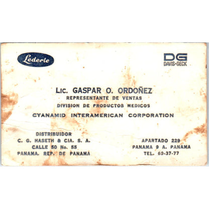 Lederle Lic. Gaspar O. Ordonez C.G. Haseth Panama Vintage Business Card SD8-B16