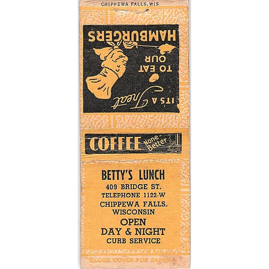 Bettys Lunch 409 Bridge Street Chippewa Falls WI Vintage Matchbook Cover SC7-Y7