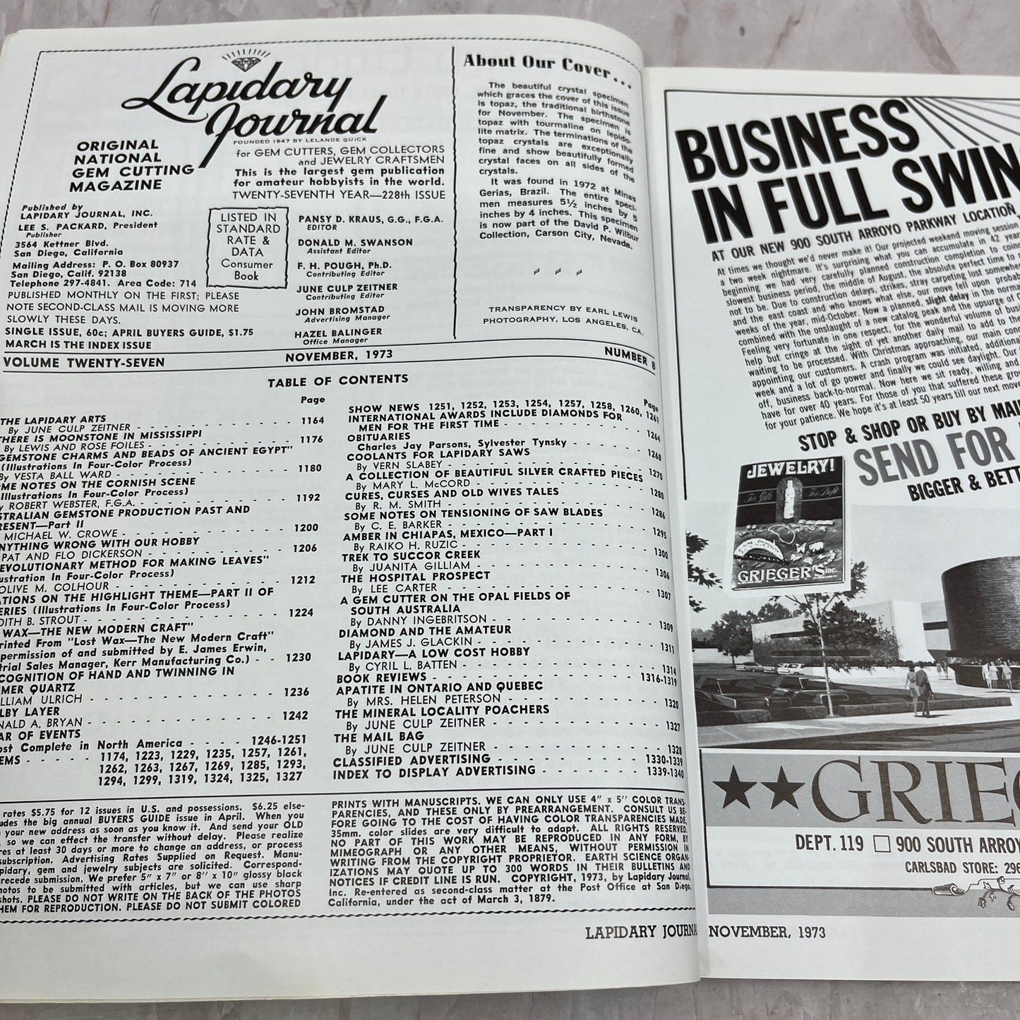 Topaz Matrix Minas Gerais Brazil - Lapidary Journal Magazine - Nov 1973 M22