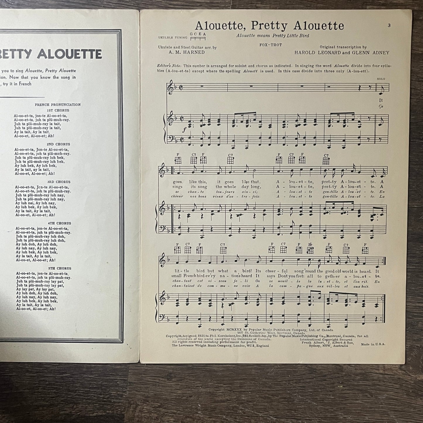 Alouette Pretty Alouette 1930 Sheet Music Harold Leonard Glenn Adney V6