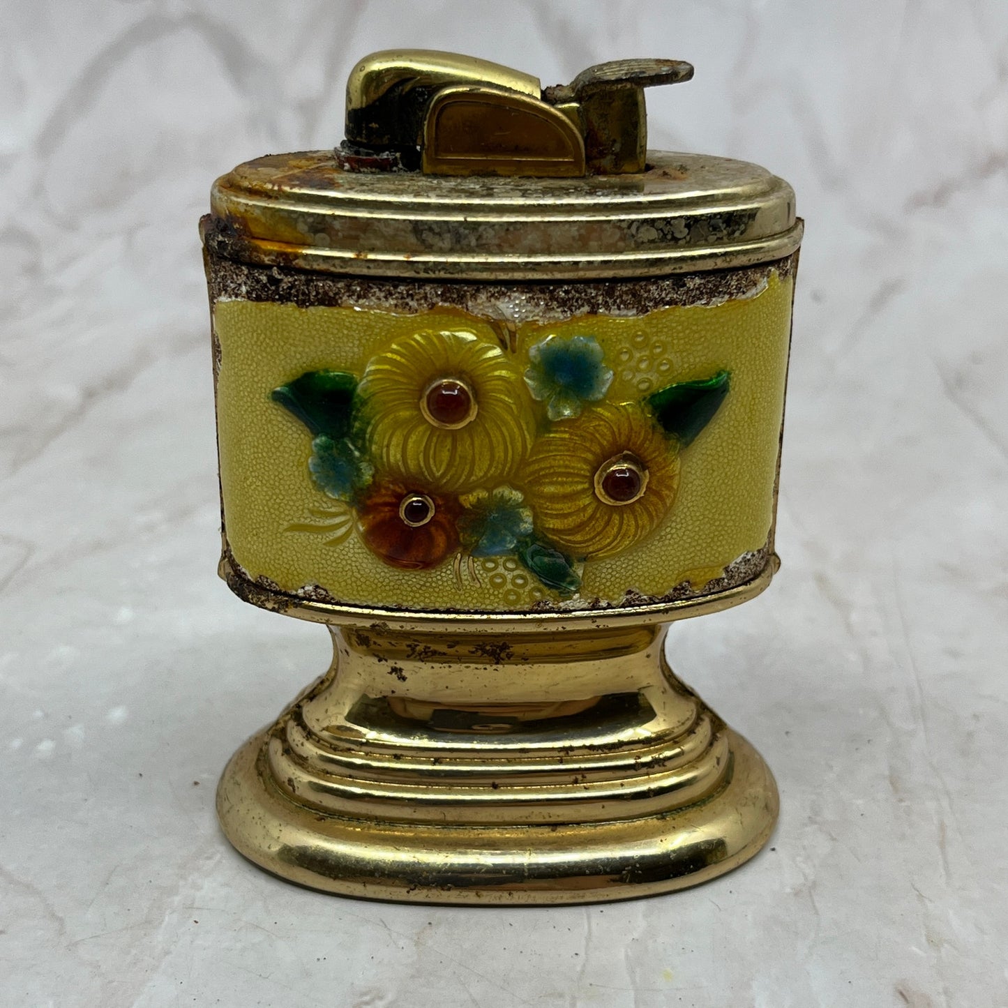 Vintage Evans Brass and Enamel Floral Design Table Lighter TL35
