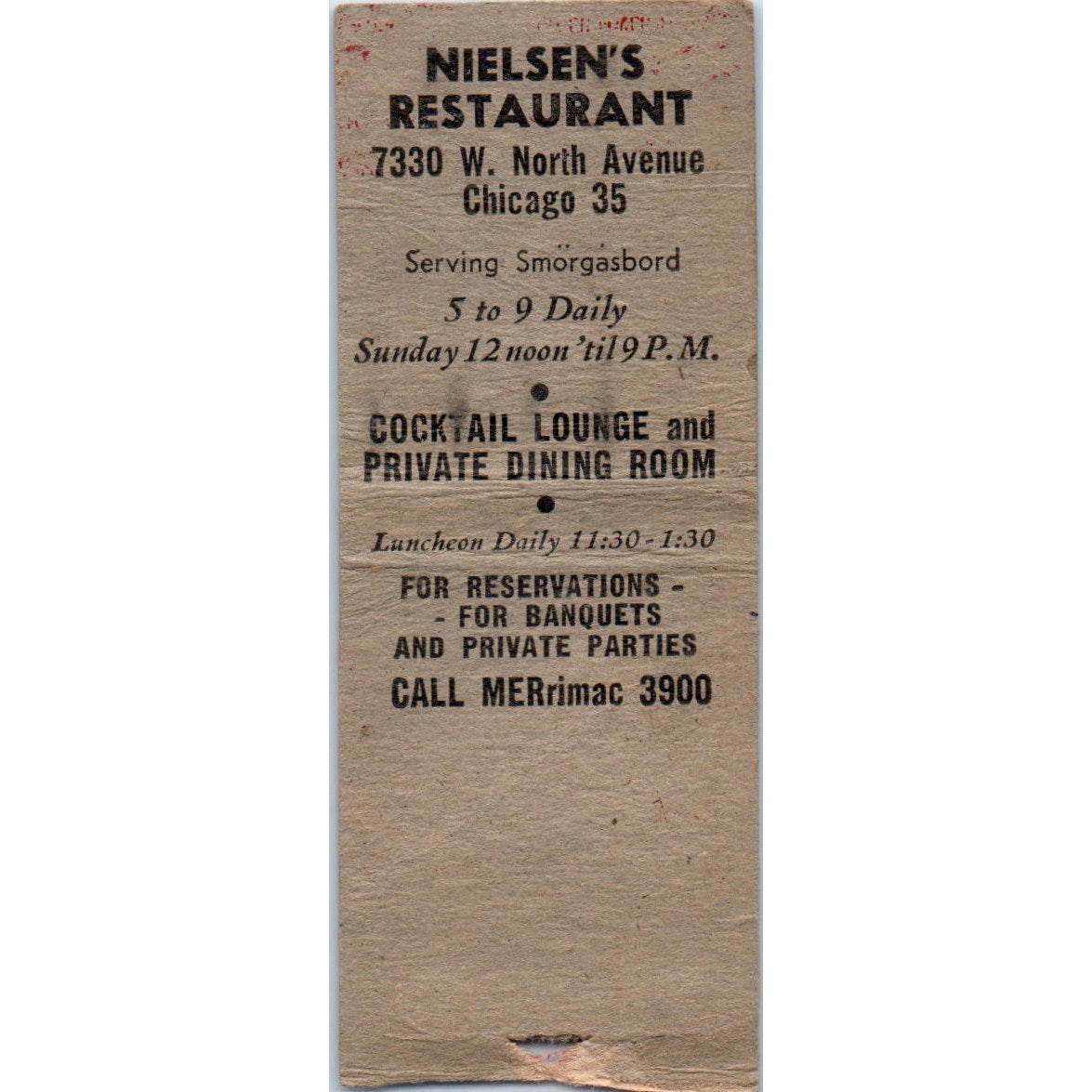 Nielsen's Restaurant Smörgåsbord Chicago Vintage Matchbook Cover SD2-Y3