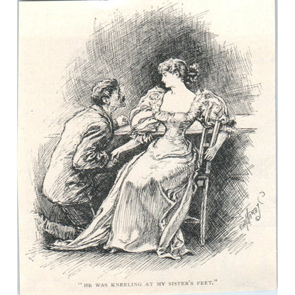 Man Kneeling at Victorian Lady's Feet 1897 Victorian Illustration AE9-TS5