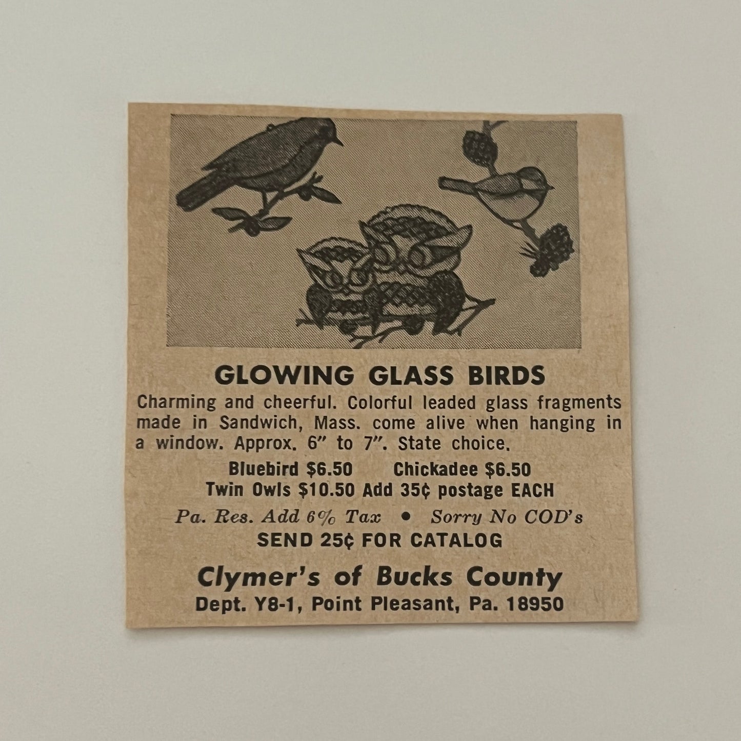 Clymer's of Buck County Glass Birds Point Pleasant PA 1971 Magazine Ad SAG4-S15