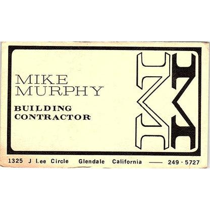 Mike Murphy Building Contractor Glendale CA Vintage Business Card SD9-B3