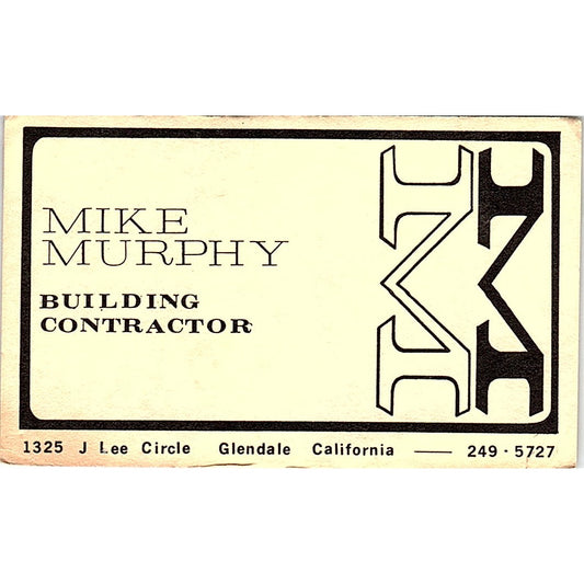 Mike Murphy Building Contractor Glendale CA Vintage Business Card SD9-B3