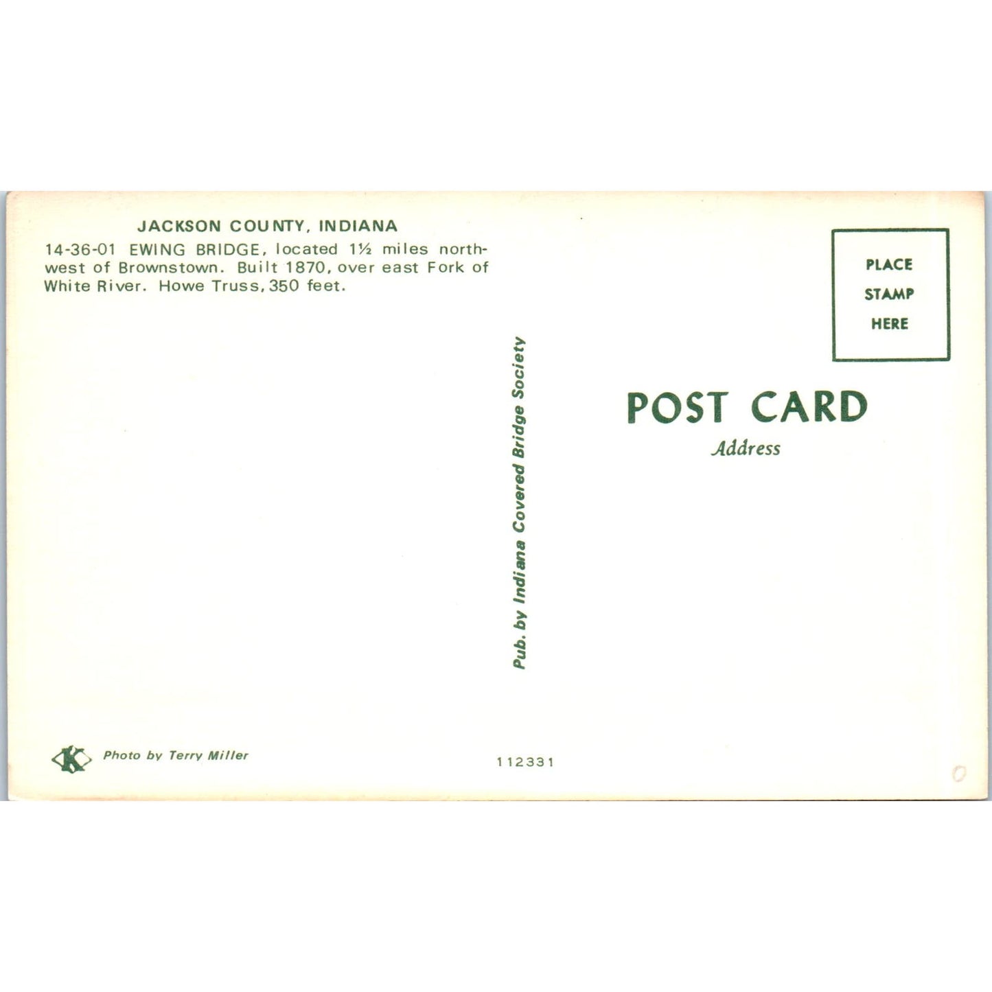 Ewing Bridge Brownstone Jackson County IN Vintage Covered Bridge Postcard PC14