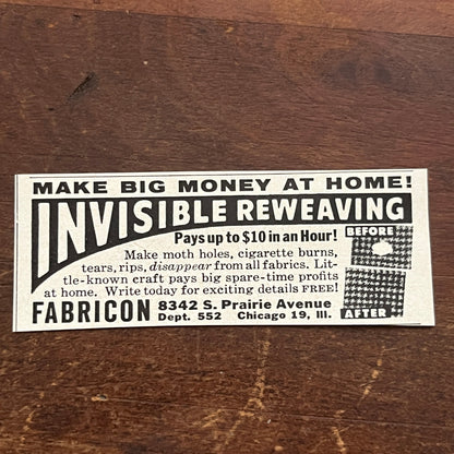 Fabricon Invisible Reweaving Chicago IL 1955 Ad AF9-S2