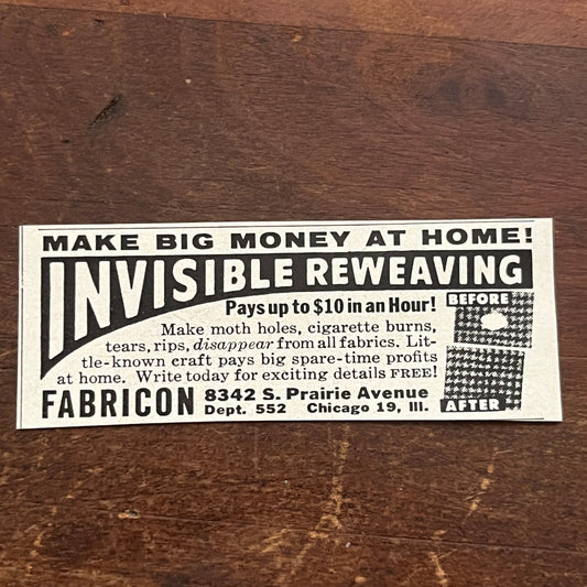 Fabricon Invisible Reweaving Chicago IL 1955 Ad AF9-S2
