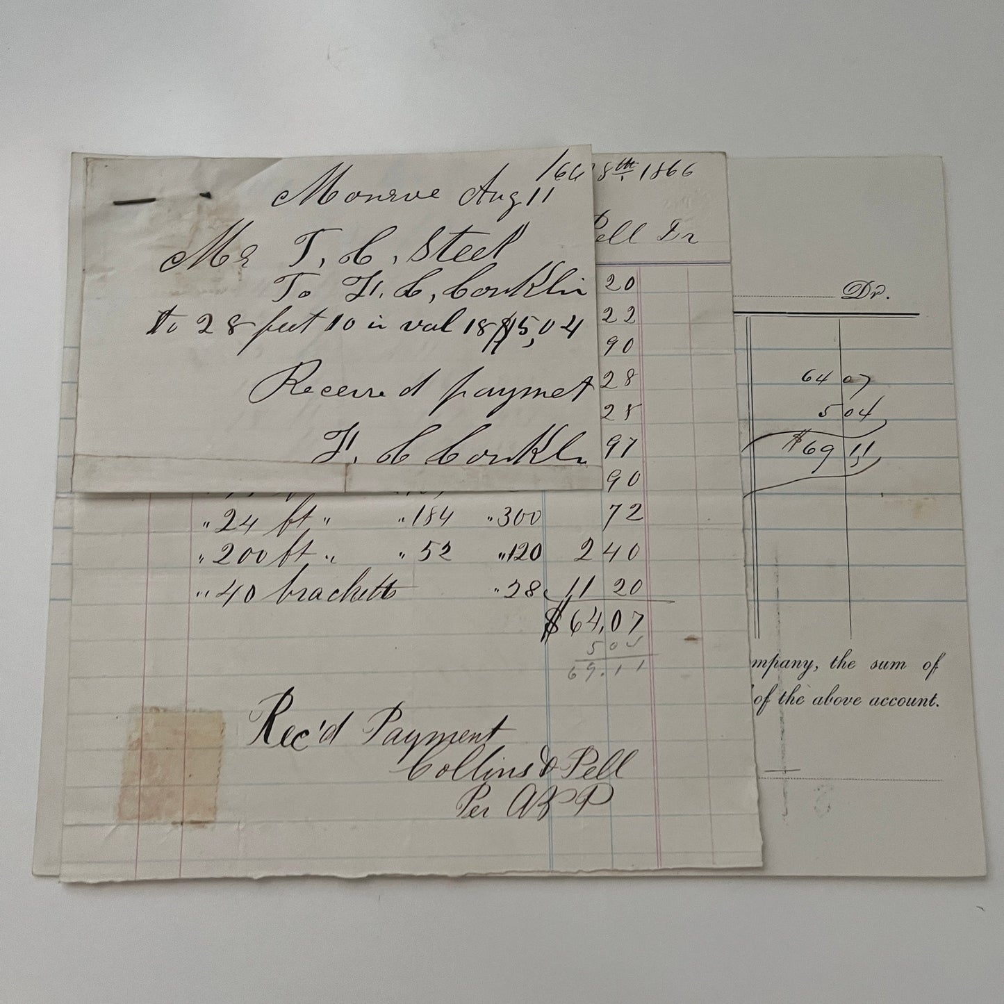 Thomas C. Steel from Collins & Pell New York 1866 Billhead Receipt 3 Pages C15