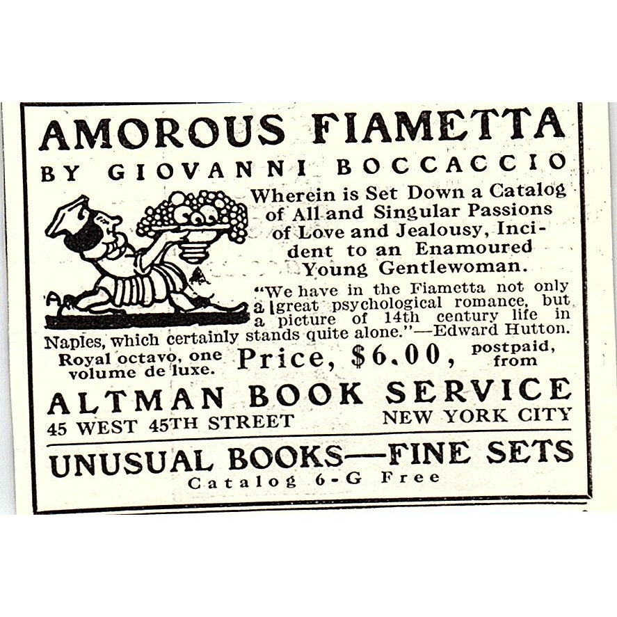 Altman Book Service Amorous Fiametta Giovanni Boccaccio 1926 Ad AG3-M4
