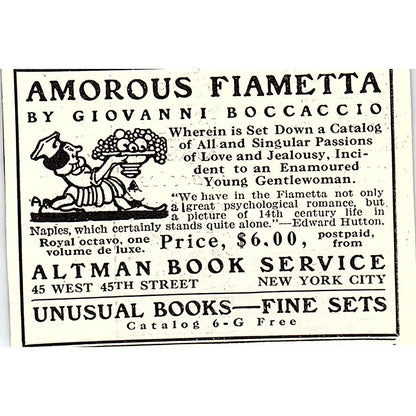 Altman Book Service Amorous Fiametta Giovanni Boccaccio 1926 Ad AG3-M4