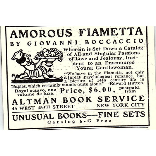 Altman Book Service Amorous Fiametta Giovanni Boccaccio 1926 Ad AG3-M4