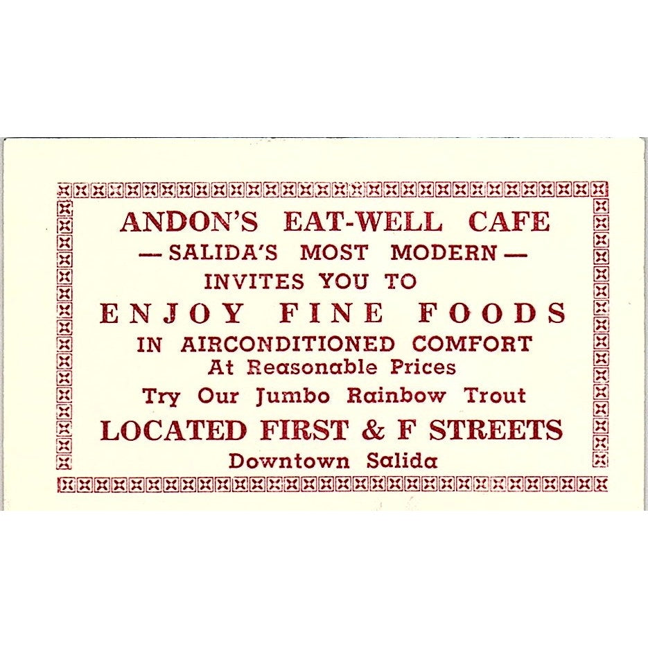 1950s Andon's Eat-Well Cafe Salida CO Small Paper Card 1x3" AF9-S5