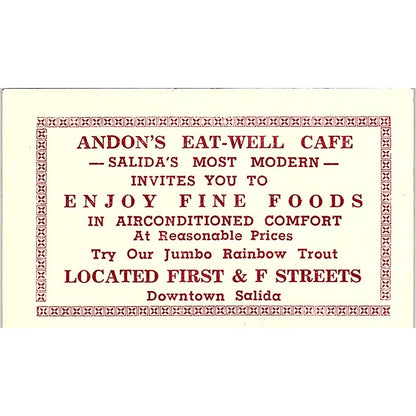 1950s Andon's Eat-Well Cafe Salida CO Small Paper Card 1x3" AF9-S5