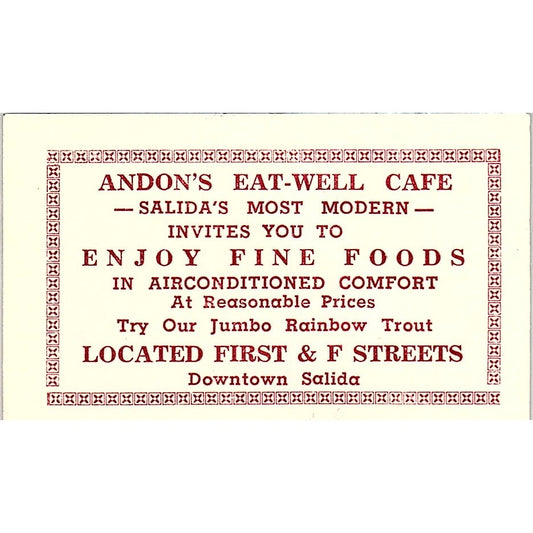 1950s Andon's Eat-Well Cafe Salida CO Small Paper Card 1x3" AF9-S5