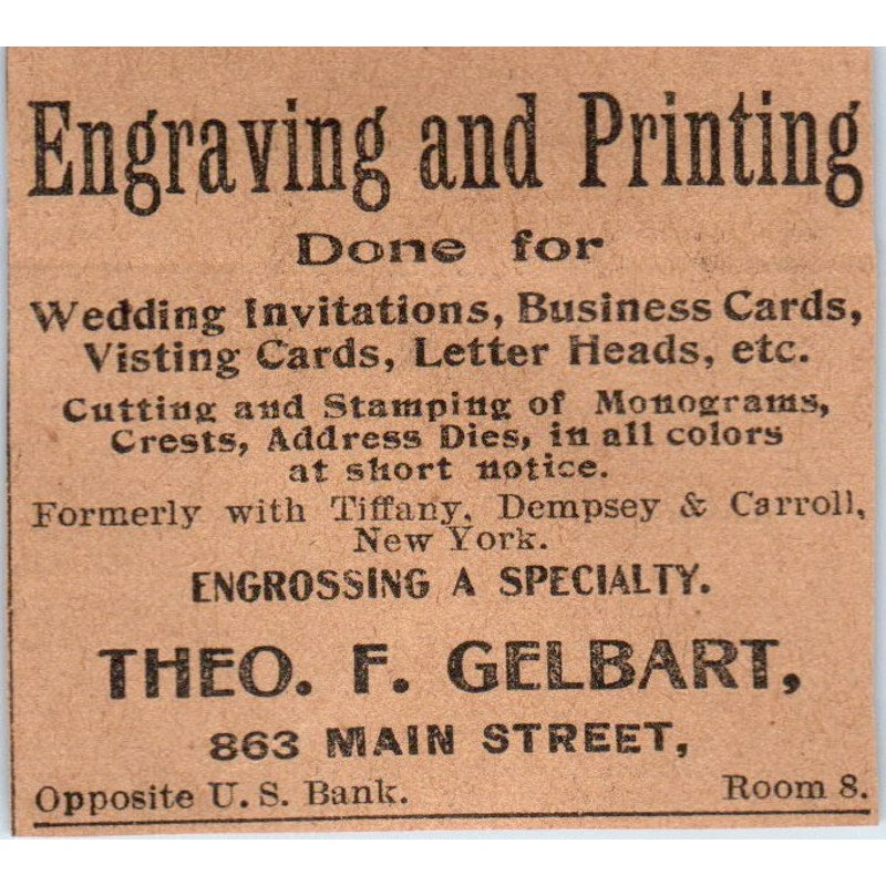 Theo. F. Gelbart Engraving & Printing Hartford 1901 Newspaper Ad AD8-HS7