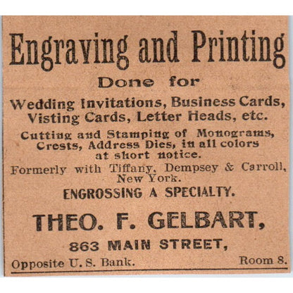 Theo. F. Gelbart Engraving & Printing Hartford 1901 Newspaper Ad AD8-HS7