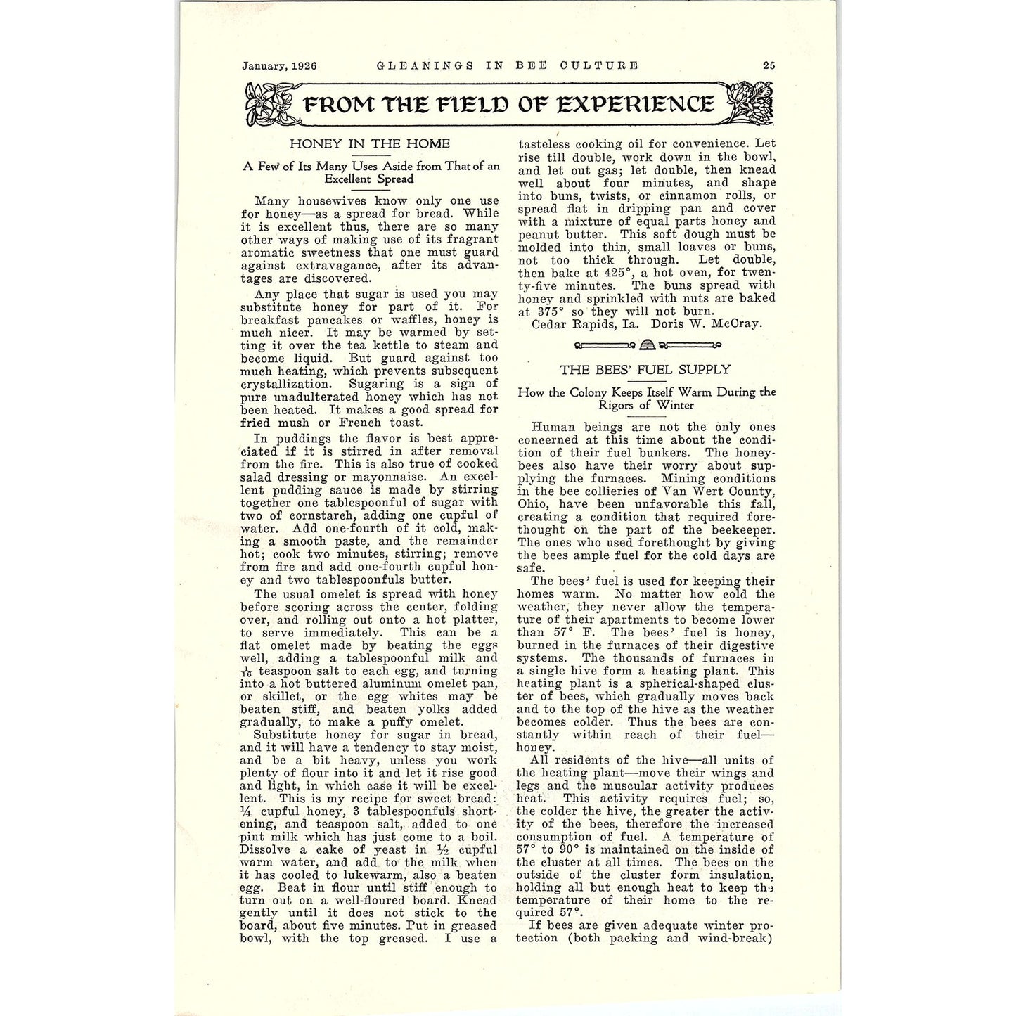 From The Field of Experience Honey in the Home Doris W. McCray 2 Page 1926 AG3-9