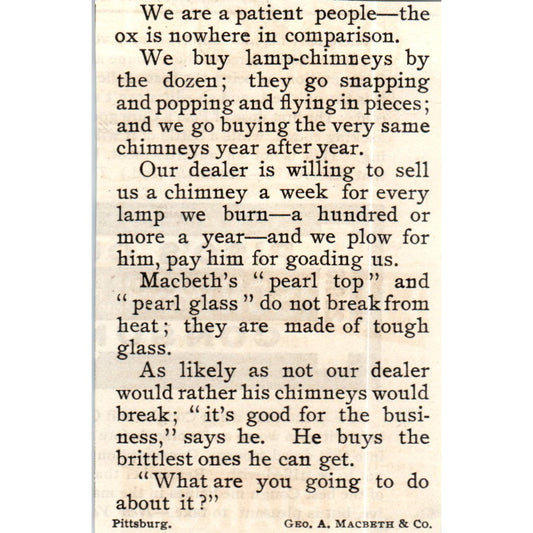 George Macbeth's Pearl Glass Lamp Chimneys Pittsburg c1890 Victorian Ad AE8-CH5