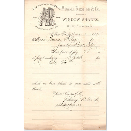 1885 Adams, Richter & Co Window Shades Canal St NY Receipt Letterhead D24