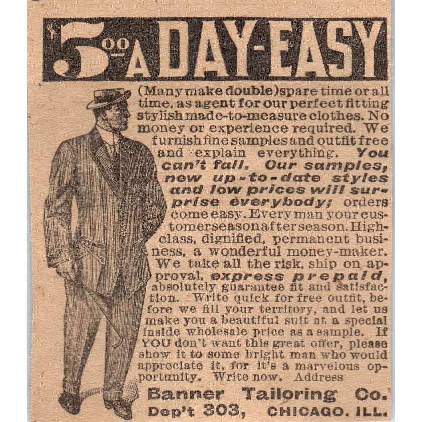 Banner Tailoring Co Salesmen Wanted Chicago 1910 Magazine Ad AF1-CM2