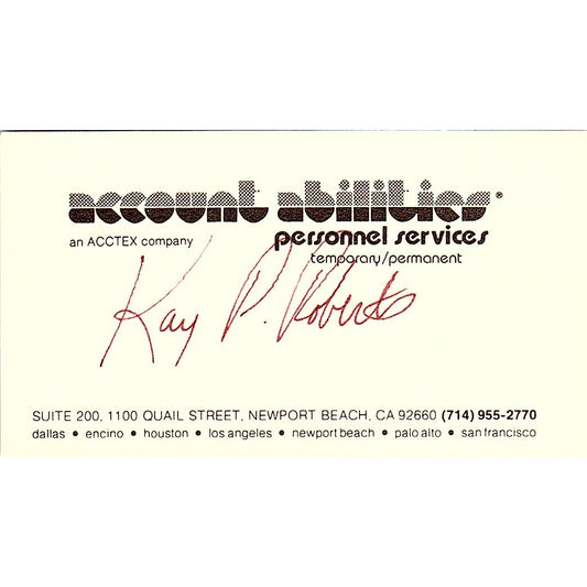 Account Abilities Personnel Services Kay P Newport Beach CA Business Card SF3-B7