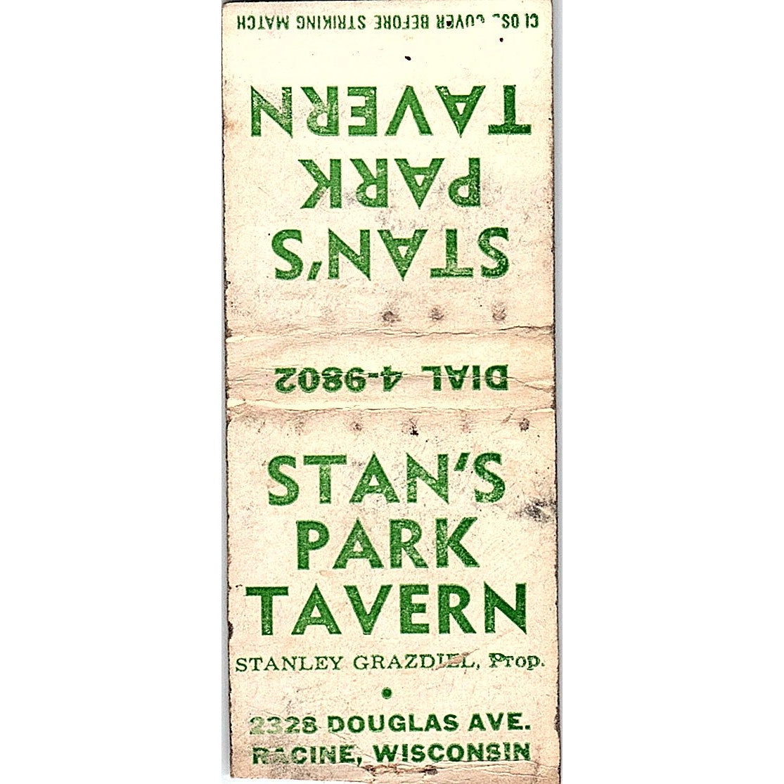 Stan's Park Tavern Racine WI Stanley Grazdiel Vintage Matchbook Cover SC7-Y9