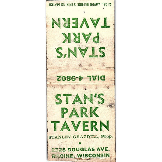 Stan's Park Tavern Racine WI Stanley Grazdiel Vintage Matchbook Cover SC7-Y9