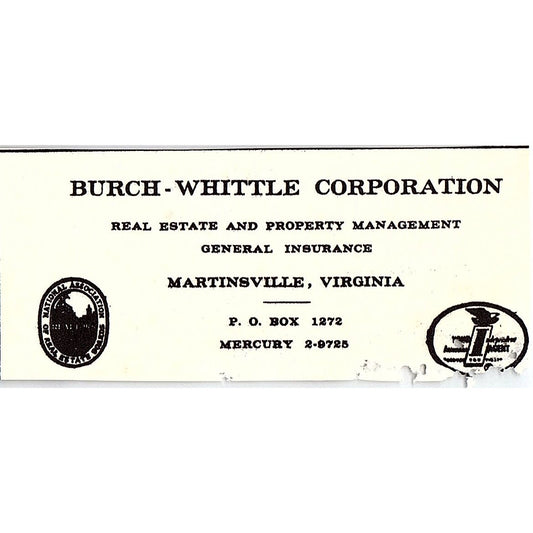 Burch-Whittle Corporation Real Estate Martinsville VA 1960s Ad AG2-M3