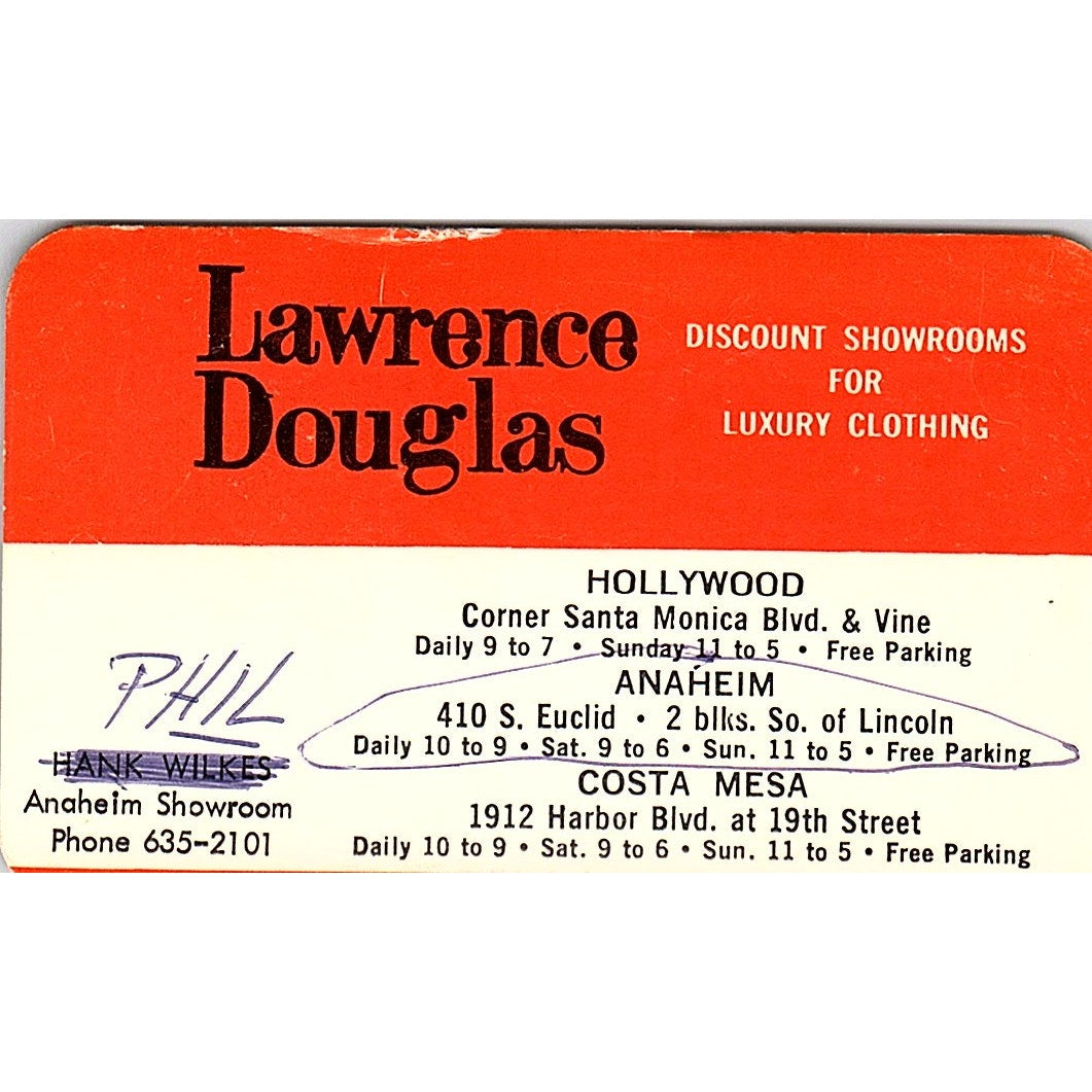 Lawrence Douglas Luxury Clothing Phil Hank Wilkes Anaheim Business Card SE5-B5