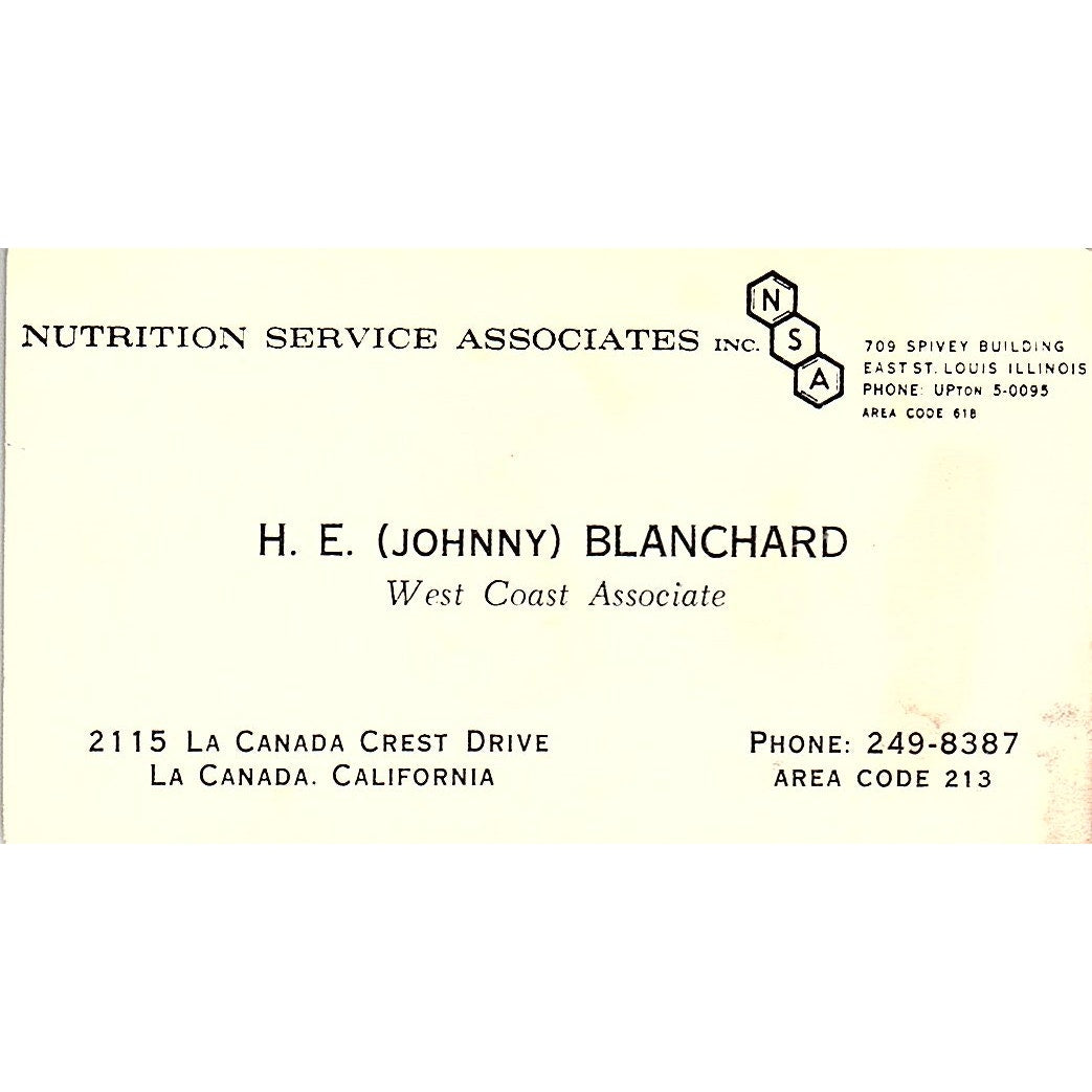 H.E. Johnny Blanchard La Canada CA Vintage Business Card SD9-B10
