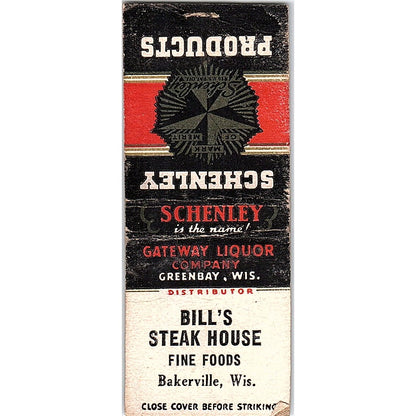 Bill's Steakhouse Bakerville WI Schenley Products Vintage Matchbook Cover SF3-Y2