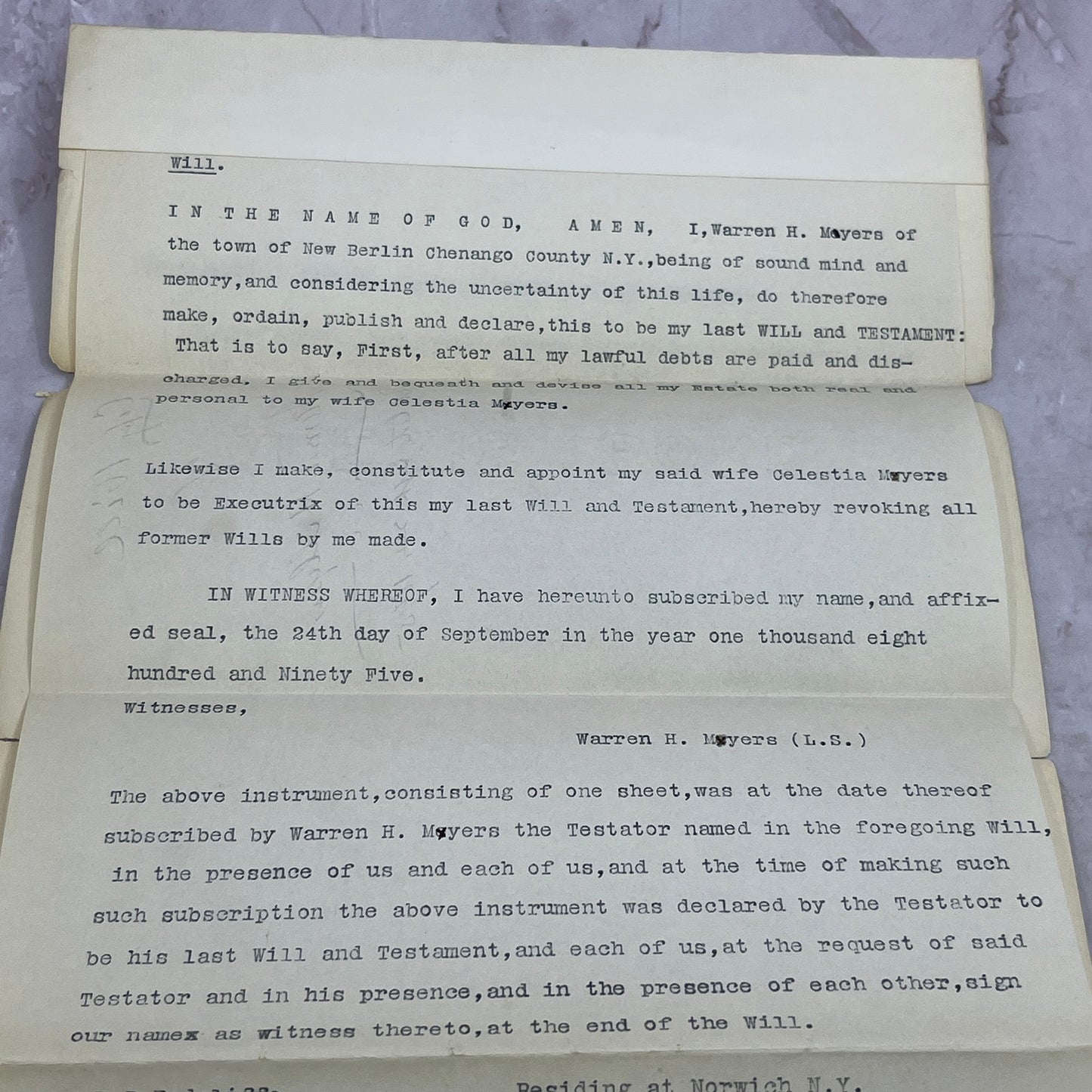 1904 New Berlin Chenango County Court Will and Testament Warren H. Myers TJ5-E2
