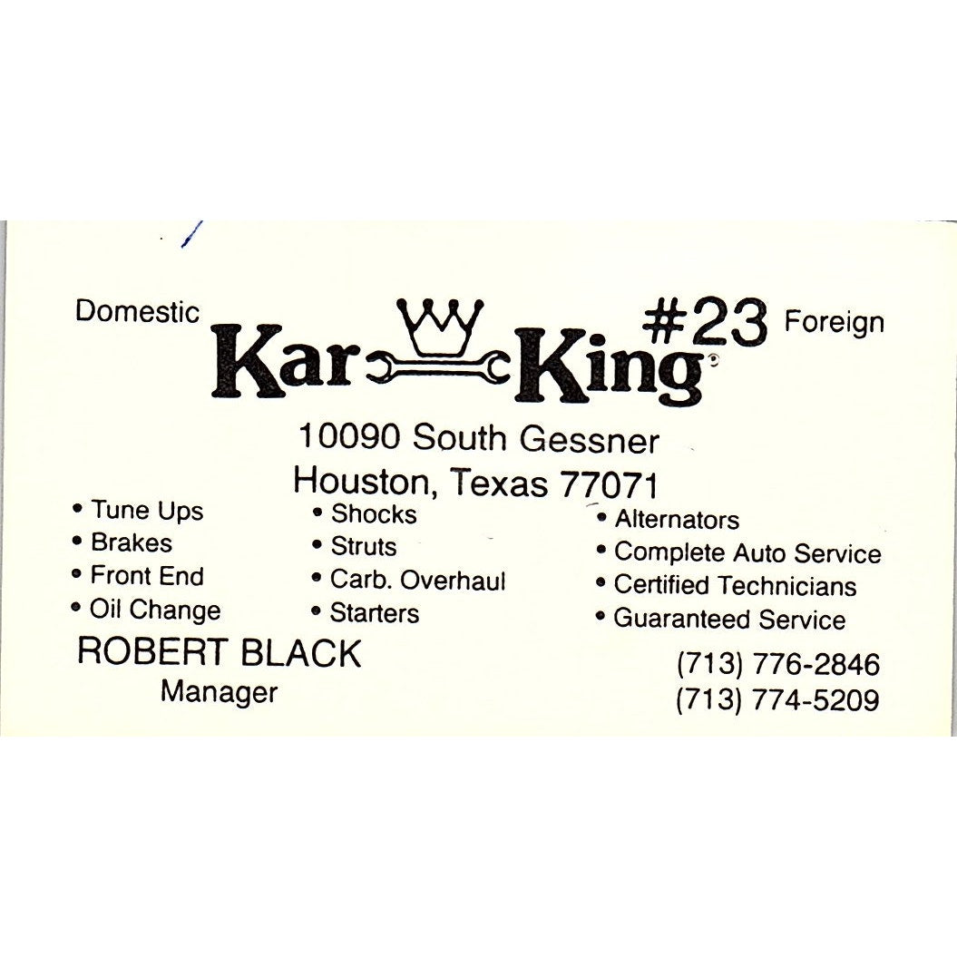 Kar King Robert Black Houston Vintage Business Card SD9-B7