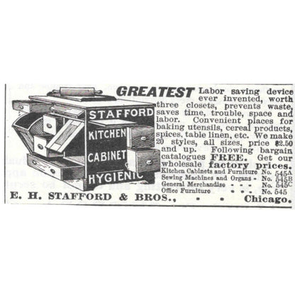 E.H. Stafford & Sons Kitchen Cabinet Hygienic Chicago 1903 Magazine Ad AF7-SS5