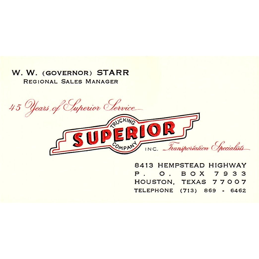 Trucking Superior Company W.W. Starr Houston Texas Vintage Business Card SB4-B5