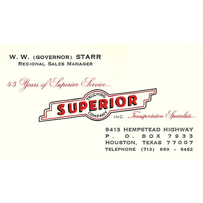 Trucking Superior Company W.W. Starr Houston Texas Vintage Business Card SB4-B5