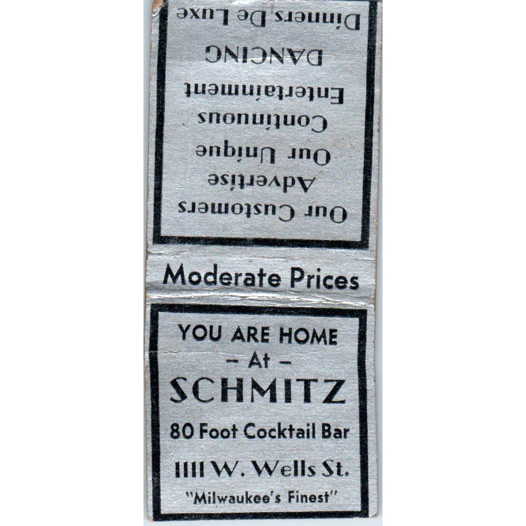 Schmitz Cocktail Bar W. Wells St. Milwaukee Vintage Matchbook Cover SD4-Y7