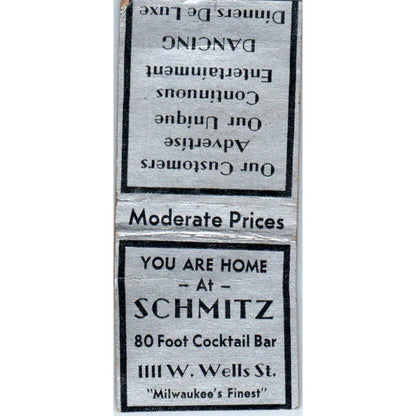 Schmitz Cocktail Bar W. Wells St. Milwaukee Vintage Matchbook Cover SD4-Y7