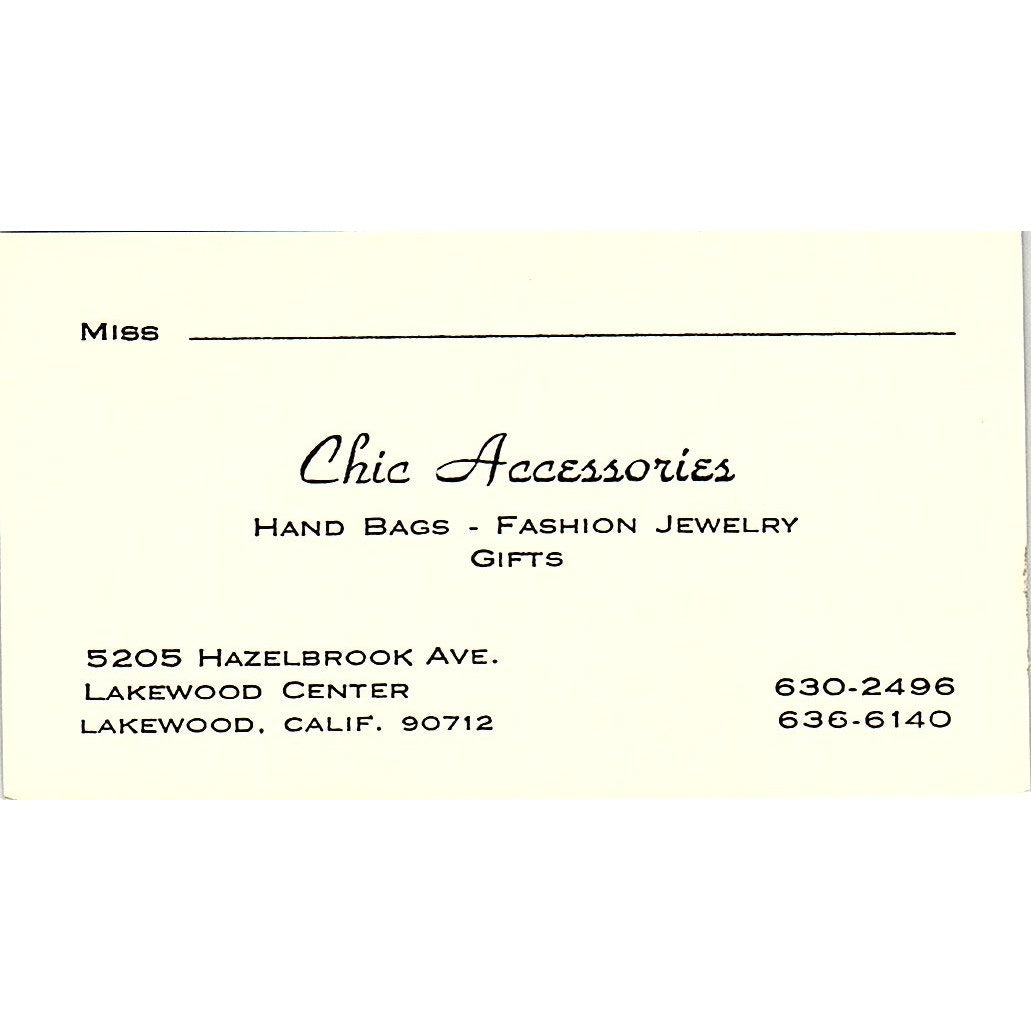 Chic Accessories Handbags Lakewood California Vintage Business Card SB4-B9