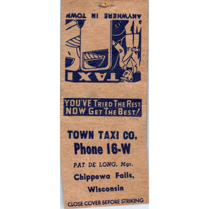 Town Taxi Co Pat Delong Chippewa Falls WI Vintage Matchbook Cover SD2-Y12