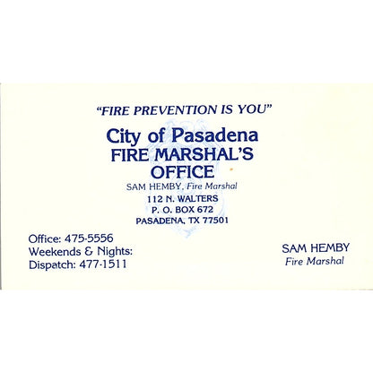 City of Pasadena Fire Marshal's Office Sam Hemby TX Vintage Business Card SC9-B5