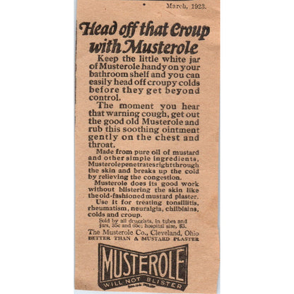 The Musterole Co Cleveland Ohio Croup Ointment 1923 Magazine Ad Clip AE1-4