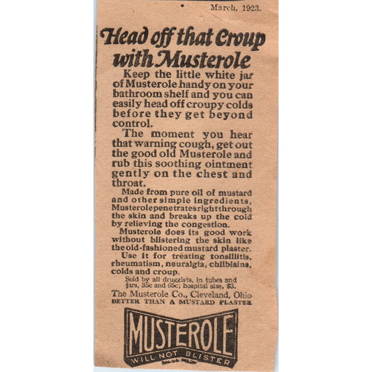 The Musterole Co Cleveland Ohio Croup Ointment 1923 Magazine Ad Clip AE1-4